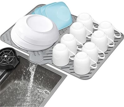 Afvoermat - Droogmat voor op het aanrecht - droogmat voor in de keuken - Afdruipmat voor afwas - siliconen droogmat - met ingebouwde afvoerrand - eenvoudig te reinigen lade beschermt oppervlakken en voorkomt waterophoping - 23 x 17 inch - Grijs