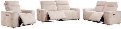 Vente-unique Driezitsbank, tweezitsbank en elektrische relaxfauteuil in beige chenillestof SCAMOCO