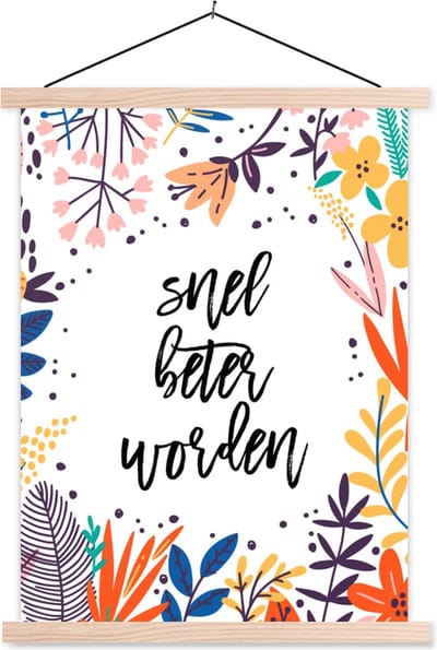 Posterhanger incl. Poster 87x120 cm - Schoolplaat - Beterschap - Quotes - Bloemen - Textielposter - Blanke latten