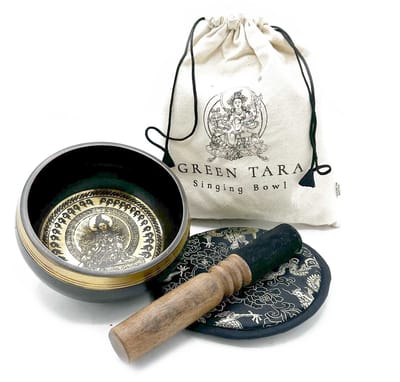 Handgeslagen en gegraveerde klankschaal cadeauset - 14 cm - Groene Tara