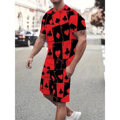 Creatief speelkaartpatroon Herenkleding 2-delige sets 3D-print Zomer Casual T-shirt+Shorts Pak Street Korte mouw Sportkleding 6XL black