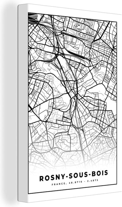 Canvas Schilderij Kaart - Plattegrond - Rosny-sous-Bois - Frankrijk - Stadskaart - Zwart wit - 20x30 cm - Wanddecoratie