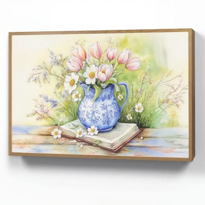 Wandlamp 90x60 cm - Oplaadbaar - Vaas - Delftsblauw - Madeliefjes - Wandlampen binnen woonkamer - Slaapkamer lamp - Decoratieve nachtlamp - Vloerlamp draadloos