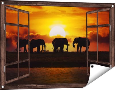 Gards Tuinposter Doorkijk Silhouet Olifanten tijdens Zonsondergang - 90x60 cm - Tuindoek - Tuindecoratie - Wanddecoratie buiten - Tuinschilderij