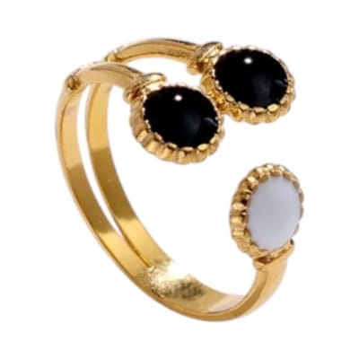 Aramat Jewels | Ringen | Brede One Size Ring Goudkleurig RVS met Drie Emaille Cirkels (13 mm) | Goudkleur | |14mm | Staal | Volwassenen | Verkleurd niet