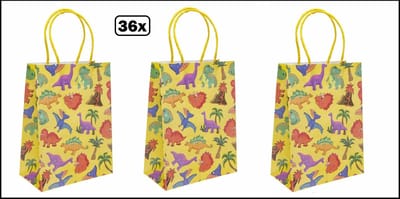36x Koordtas Dinosaurus 16cmx9cmx22cm - dieren - goodiebag|papieren|draagtas|tas|koord|festival|kado|themafeest|party|geschenken