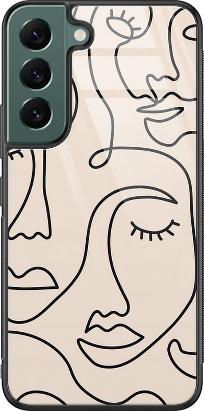Hoesje geschikt voor Samsung Galaxy S22 - Abstract gezicht lijnen - Luxe Glazen Hardcase - Print / Illustratie - Beige