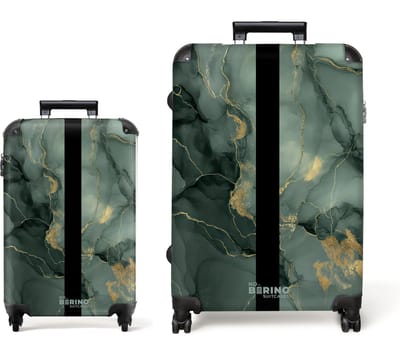 NoBoringSuitcases.com® - Kofferset 2 delig - Koffer lichtgewicht - Groen gouden marmer met streep - Reiskoffer set met 4 wielen - Handbagage trolley - Middelgrote rolkoffer - Ruimbagage koffer - Koffers met TSA slot