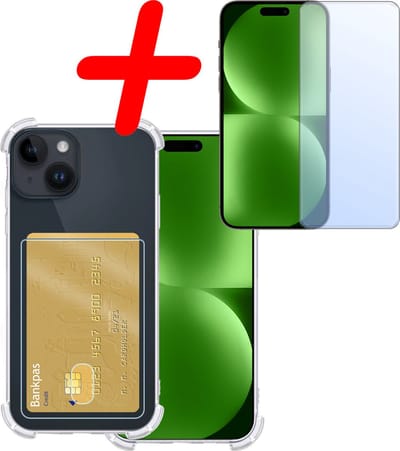 Hoesje Geschikt voor Apple iPhone 15 - Met Screenprotector - En Pashouder - En Kaarthouder - Telefoon Hoes Shockproof - Siliconen Case - Back Cover - Shock Proof - Pasjes Houder - Transparant