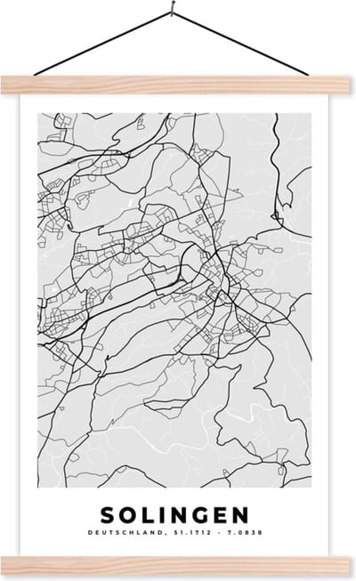 Posterhanger incl. Poster 40x60 cm - Schoolplaat - Plattegrond - Duitsland - Solingen- Kaart - Stadskaart - Textielposter - Blanke latten - Stadskaart