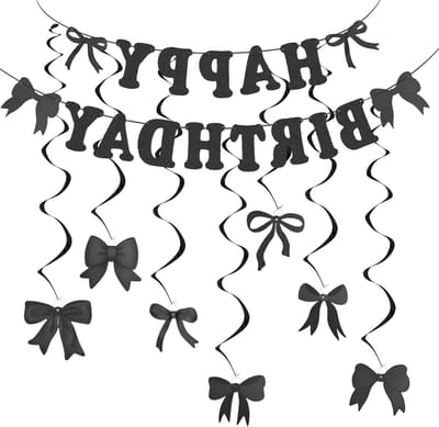 Zwarte Verjaardagsbanner met Strik - Feestdecoratie voor Meisjes, Verjaardagsfeest en Babyshowers met Hangende Spiralen