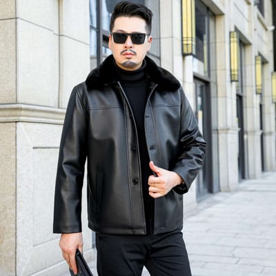 Casual Revers Knopen Leren Jas Middelbare Leeftijd Papa Leer Mannen Plus Fleece Dik Leren Jas Mannen 60/4XL black