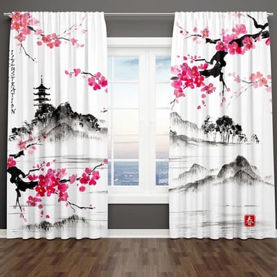 Lot de 2 rideaux imprimés de peinture de montagne chinoise, rideaux à impression numérique pour salon, chambre à coucher, cuisine, bureau, décoration d'intérieur W60H60(CM)x2pcs&Rod Pocket gray