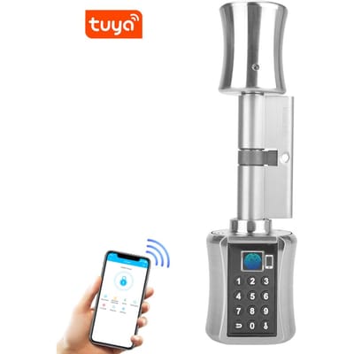 Serrure à cylindre intelligente avec application Tuya, serrure de porte électronique sans clé à empreintes digitales, BT Wifi, mot de passe numérique 4 argenté