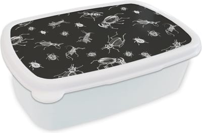 Broodtrommel Wit - Lunchbox - Brooddoos - Patronen - Insecten - Zwart Wit - 18x12x6 cm - Volwassenen