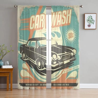 Retro Autowas Poster Ontwerp Transparant Gordijn Voor Woonkamer Slaapkamer Voile Gordijnen Voor Raam Organza Gordijnen Feest Tule Draperieën 135W x 114H(cm) gray