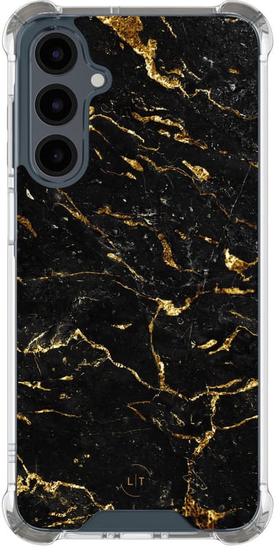 Shockproof hoesje - Geschikt voor Samsung Galaxy A16 - Marmer zwart goud - Extra sterke case - TPU/polycarbonaat - Marmer - Zwart, Goud, Transparant