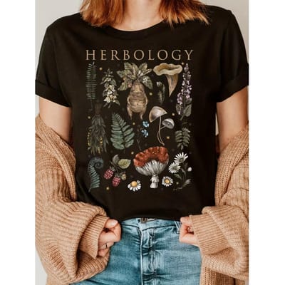 Kruidkundige Dames T-shirt - Zacht Dagelijks Shirt met Botanische Print van Ginseng, Kruiden, Bloemen - Casual Top voor Elk Seizoen XL