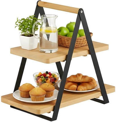 Lomera Bamboe Etagere - 2-Laags - Serveertoren - Inklapbaar - Bamboe En Metaal - Eenvoudig Op Te Bergen - Niet Vaatwasserbestendig - Stijlvolle Presentatie - Hapjes Serveren - Duurzame Materialen - Lichtgewicht Ontwerp
