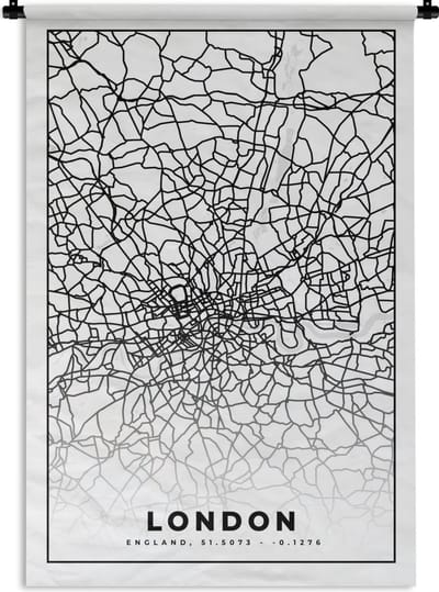 Wandkleed - Wanddoek - Londen - Zwart Wit - Stadskaart - Plattegrond - Kaart - 120x180 cm - Wandtapijt