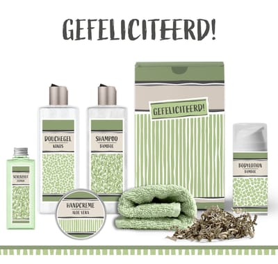 Geschenkset "Gefeliciteerd" - 6 producten - 800 gram - Triomf Cosmetica | Giftset voor haar Luxe wellness cadeaubox Cadeau vrouw Set Gefeliciteerd Geschenk jarige Cadeaupakket moeder Oma Vriendin Zus Verjaardagscadeau Verjaardag Geslaagd Groen