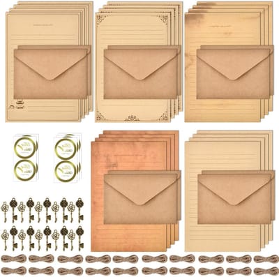 Vintage Briefpapier Enveloppen Set met 60 Stukken, A5 Briefpapier, Kraft Enveloppen, Retro Sleutels en Stickers voor Creatieve Uitnodigingen en Handgeschreven Brieven