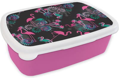 Broodtrommel Roze - Lunchbox - Brooddoos - Flamingo - Patroon - Roze - Jungle - 18x12x6 cm - Kinderen - Meisje