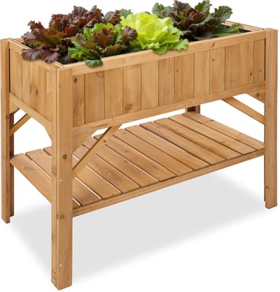 tectake® Verhoogd Tuinbed - Verhoogde Plantenbak van Weerbestendig Grenenhout - Met Extra Plank voor Gereedschap - Inclusief Beschermfolie - Houten Kweekbak voor Bloemen, Kruiden en Groenten - Bloembak - 119 x 57 x 90 cm