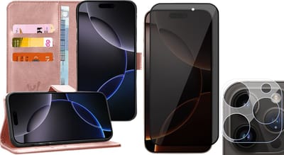 Hoesje geschikt voor iPhone 16 Pro - Privacy Screenprotector Volledig Dekkend Glas & Camera - Portemonnee Book Case Rosegoud