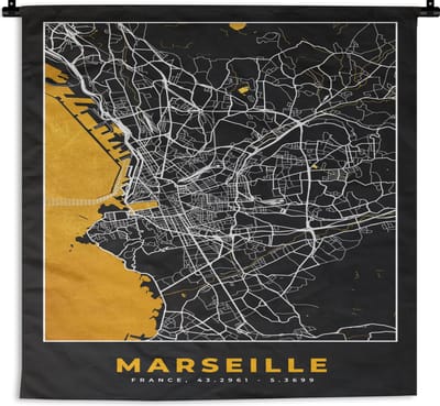 Wandkleed - Wanddoek - Stadskaart – Frankrijk – Kaart – Plattegrond - Marseille - 180x180 cm - Wandtapijt