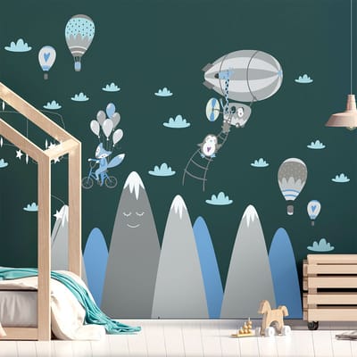 Kinderstickers van Scandinavische bergen met vrij rondlopende dieren, 120 x 180 cm