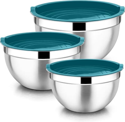 Mixkommen Set van 3, RVS Mengkommen met Luchtdichte Deksel, Stapelbare Saladeschalen voor Bereiden en Serveren, Vaatwasserbestendig, 4.5L/2.7L/1.5L - Blauw