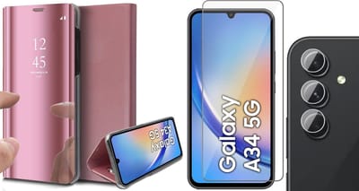 Hoesje geschikt voor Samsung Galaxy A34 - Screenprotector GlassGuard & Camera Lens Screen Protector - Book Case Spiegel Roségoud