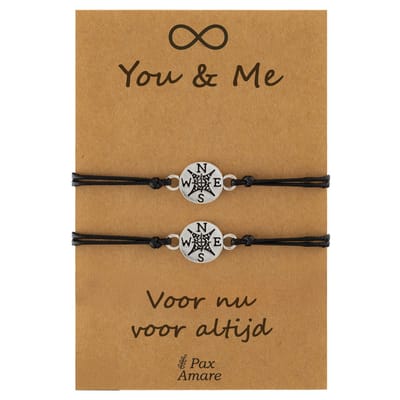Vriendschapsarmbandjes voor 2 " You & Me ∞" - Kompas - BFF Armbandjes met Persoonlijk Cadeau Kaartje - Zilverkleurig - Elastisch Verstelbaar - Pax Amare