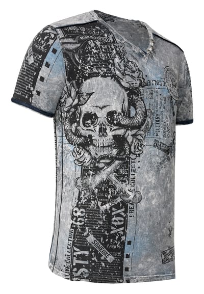 T-shirt met V-hals en all-over skull- en slangprint en suède details