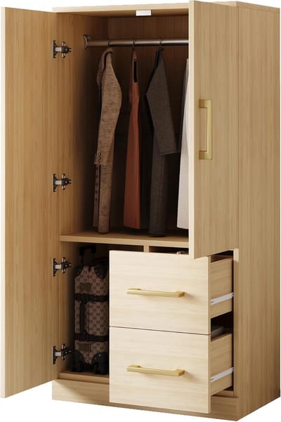 Kledingkast - Opbergkast Slaapkamer - Kleding Opbergen - Dubbele Deuren Twee Laden - 70x40x135cm - Houtkleur