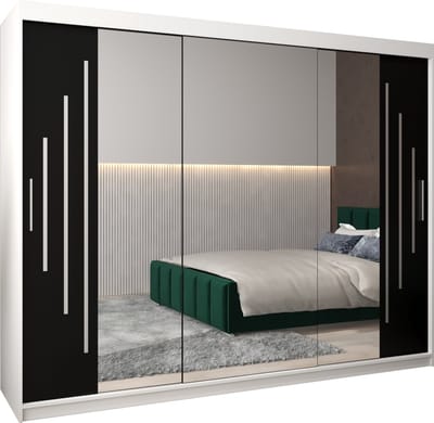 InspireMe - Kledingkast met 3 schuifdeuren, Modern-stijl, Een kledingkast met planken en een spiegel (BxHxD): 250x200x62 - MALTESE II 250 Wit Mat + Zwart