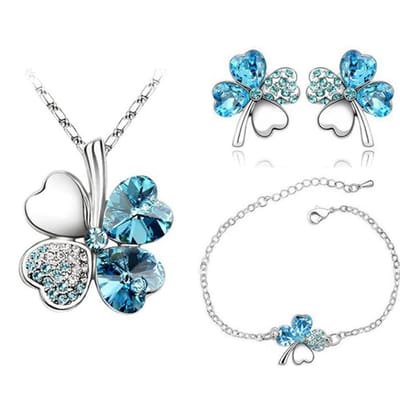 Fler® | Dames Sieraden Geschenkset Compleet | Klavertje Vier Hartvormig Blauw | Ketting met Hanger | Armband | Oorbellen | Valentijnsdag kado | Kerst cadeau| blauw- & Zilverkleurig