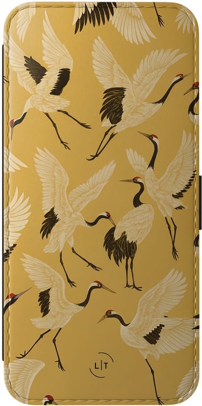 Leuke Telefoonhoesjes - Hoesje geschikt voor Samsung Galaxy A56 bookcase leer - Japanse kraanvogels - Japanse kraanvogels - Wallet Case met pasjeshouder - Gestipt - Geel