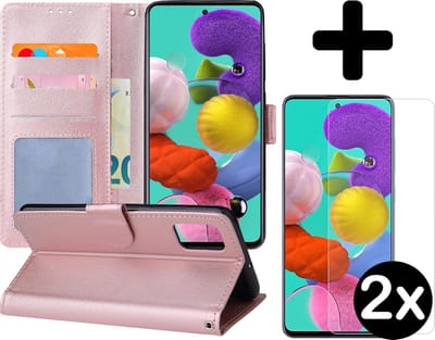 Hoesje - Met 2x Screenprotector - Geschikt voor Samsung Galaxy A51 - Luxe Pasjeshouder - Flip Case - Bookcase Portemonee - Kunstleer Book Case - Flipcase Hoes - Book Cover - Walletcase - Portemonneehoes - Telefoonhoes - Rosé goud