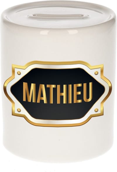Spaarpot met voornaam Mathieu - wit - met goud/zwart embleem - 8 x 9 cm - keramiek - met afsluitdop - cadeau verjaardag