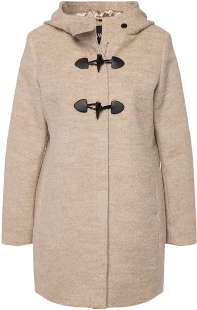 Ulla Popken - Dames - Duffelcoat A-lijn wolmix capuchon houtje-touwtjeknopen - Donker kiezel - Maat 42+