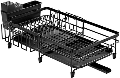 Uitschuifbaar Afdruiprek voor Keuken - Afwasrek voor Borden en Schalen - Metalen Droogrek en Opbergrek - Zwart