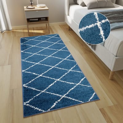 Tapiso Delhi Vloerkleed Blauw Shaggy Hoogpolig Loper Maat- 80x300