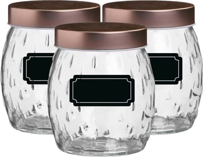 Voorraadpot/bewaarpot Beau - 6x - 1L - glas - koperen deksel - incl. etiketten