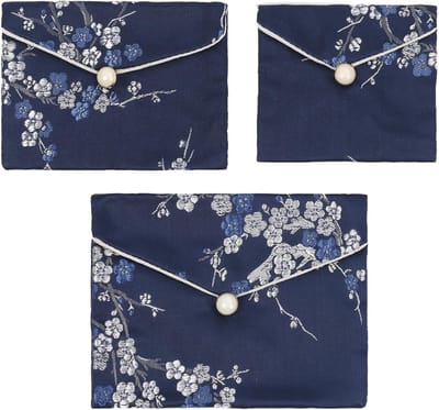 Elegante Zijden Handtas met Plum Bloemen Borduursel - Luxe Reistas voor Sieraden - Set van 3 Stuks