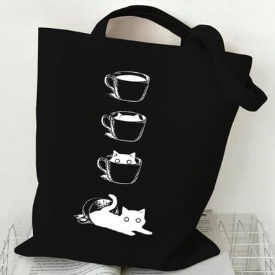 Mode Canvas Draagtas Kopje Zwarte Kat Print Grote Capaciteit Tiener Schoudertas Shopping Tas Cartoon Mode Kitten Dames Handtassen white