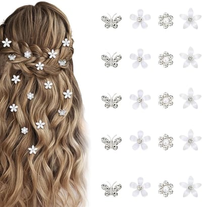 Mini-haarspelden in bloemenvorm, 20 stuks witte haarklemmen met strass, haaraccessoires voor bruiden en feestelijke kapsels