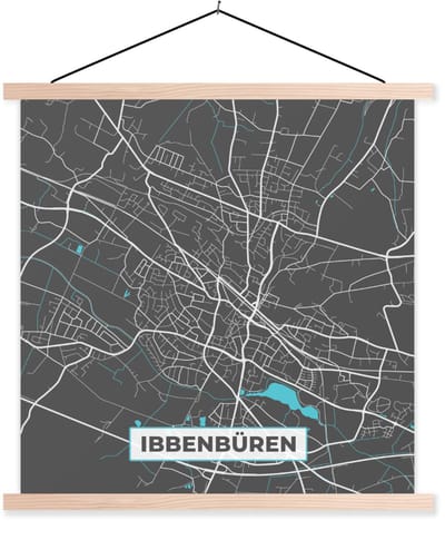 Posterhanger incl. Poster 40x40 cm - Schoolplaat - Stadskaart – Plattegrond – Duitsland – Blauw – Ibbenbüren – Kaart - Textielposter - Blanke latten - Stadskaart