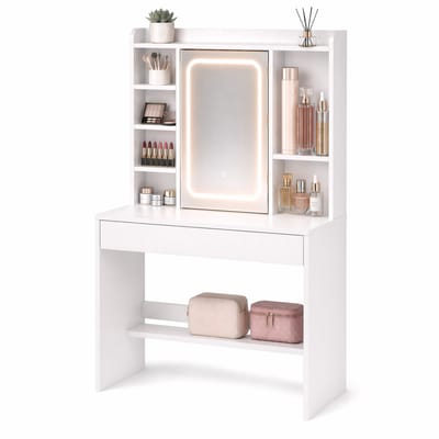Make Up Tafel – Kaptafel met Spiegel en Verlichting – XL LED Spiegel 62 cm – Verborgen Sieradenkast – 3 Lichtkleuren Dimbaar – 86 cm Lade & 6 Vakken – 145 x 90 x 40 cm – Voor Slaapkamer & Kleedkamer – Wit – Monza Home